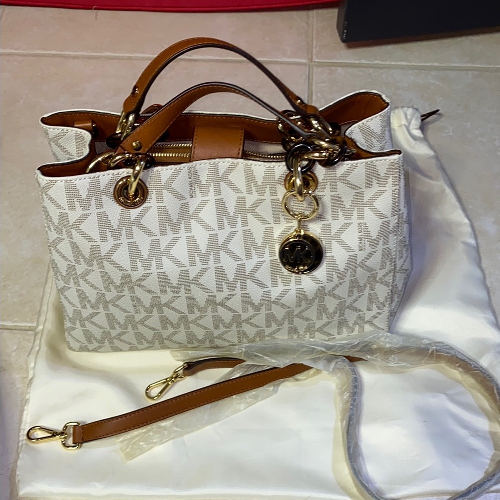 Michael Kors White and Tan Signature Tote Bag